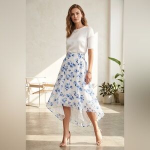 Club Monaco Handkerchief Skirt White Blue Floral Print Flowy Asymmetrical Hem